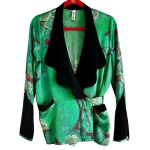 Rat & Boa Margeaux Tuxedo Silk Kimono Jacket Sz Medium Green Floral & Black